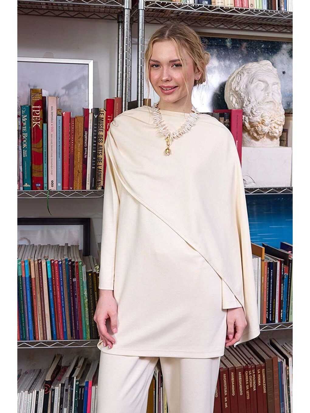 Ekru Krem Atkılı Tunik Bol Paça Pantolon Takım-2