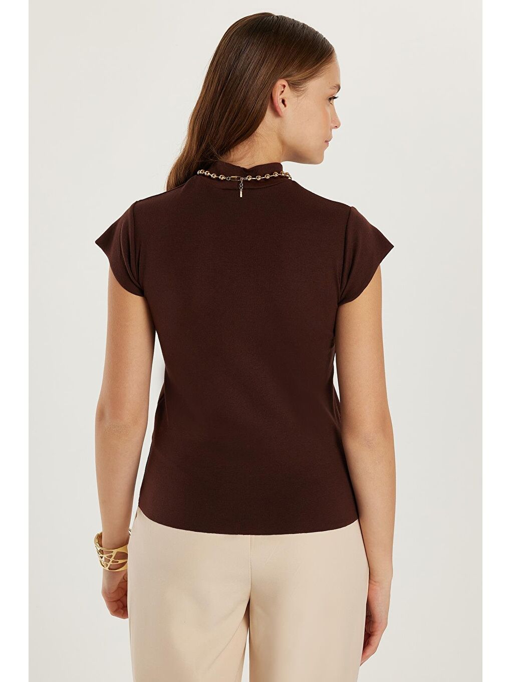 Kadın Modal Kumaş Standart Fit Dik Yaka Kahverengi Bluz-4