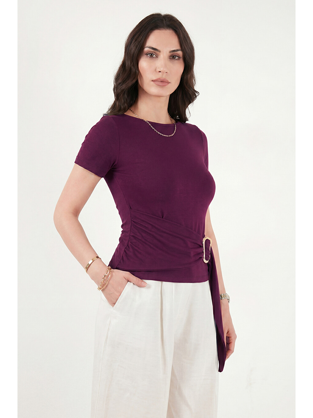 Mürdüm Toka Detaylı Fitted Fit Kayık Yaka Bluz 5862707-4