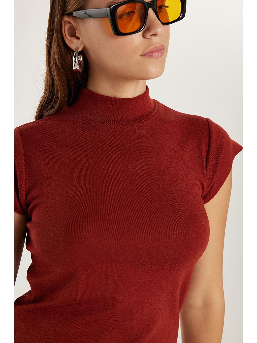 Kahverengi Kadın Modal Kumaş Standart Fit Dik Yaka Kiremit Bluz-3