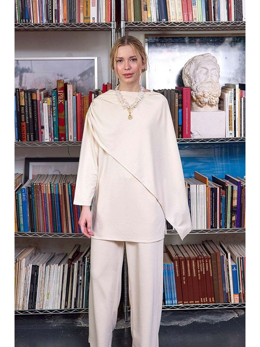 Ekru Krem Atkılı Tunik Bol Paça Pantolon Takım-5