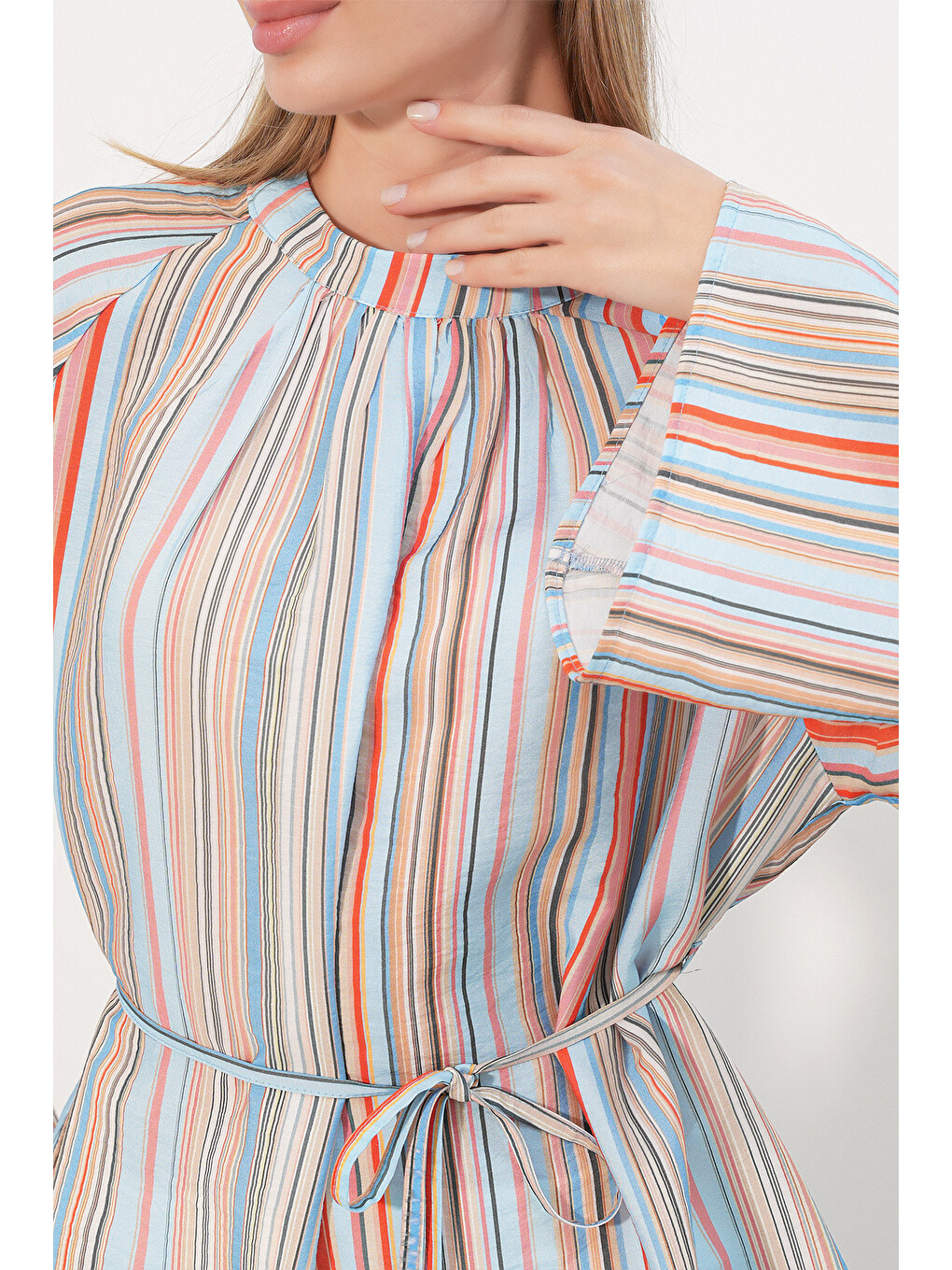 Kadın Çizgili Bağcıklı Oversize Tunik 50009 - Mavi-4