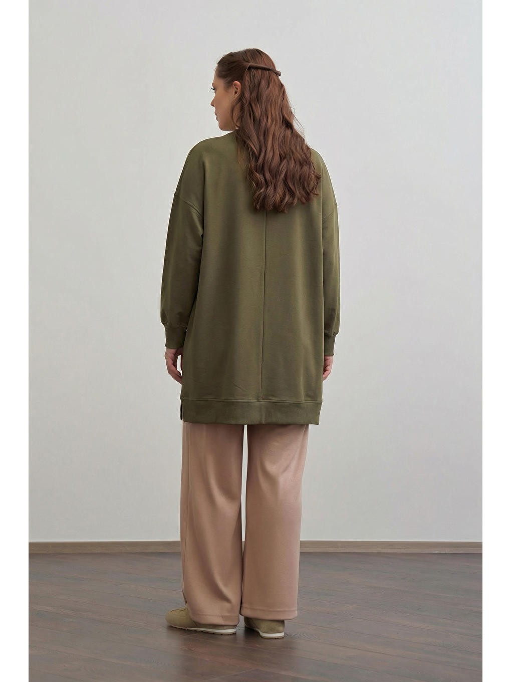 Haki-Pamuklu Kaşkorse Detaylı Büyük Beden Sweatshirt-2