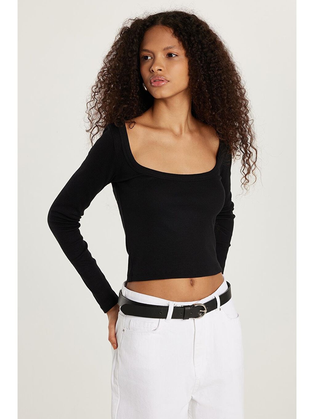 Kadın Modal Kumaş Slim Fit Dar Kesim Kare Yaka Siyah Bluz