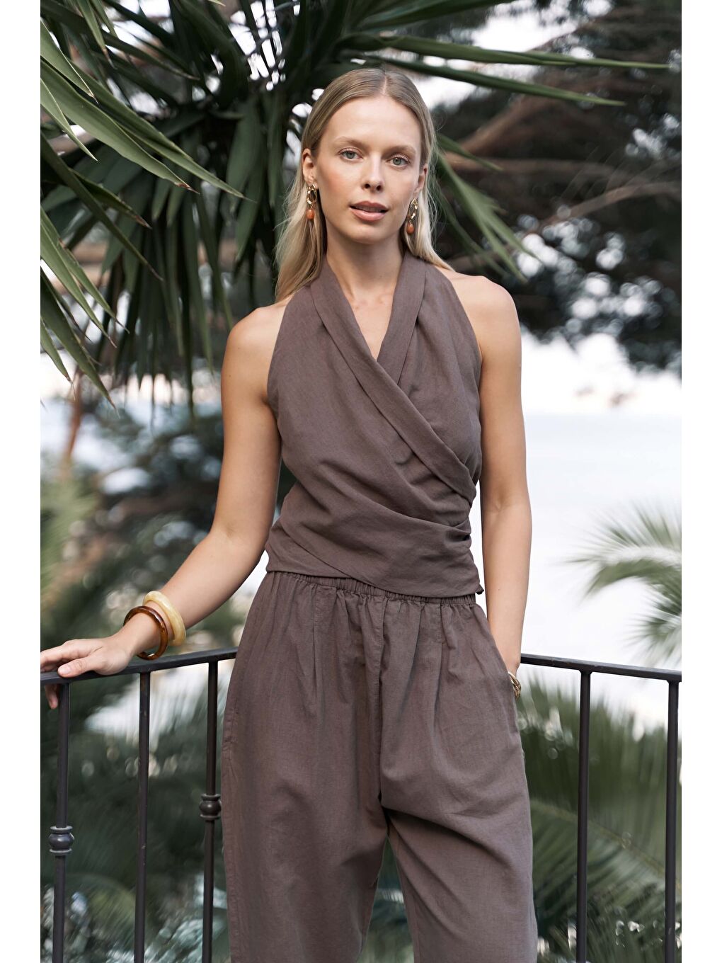 Kahverengi Struana Kruvaze Kahve Crop Pantolon Takım-2