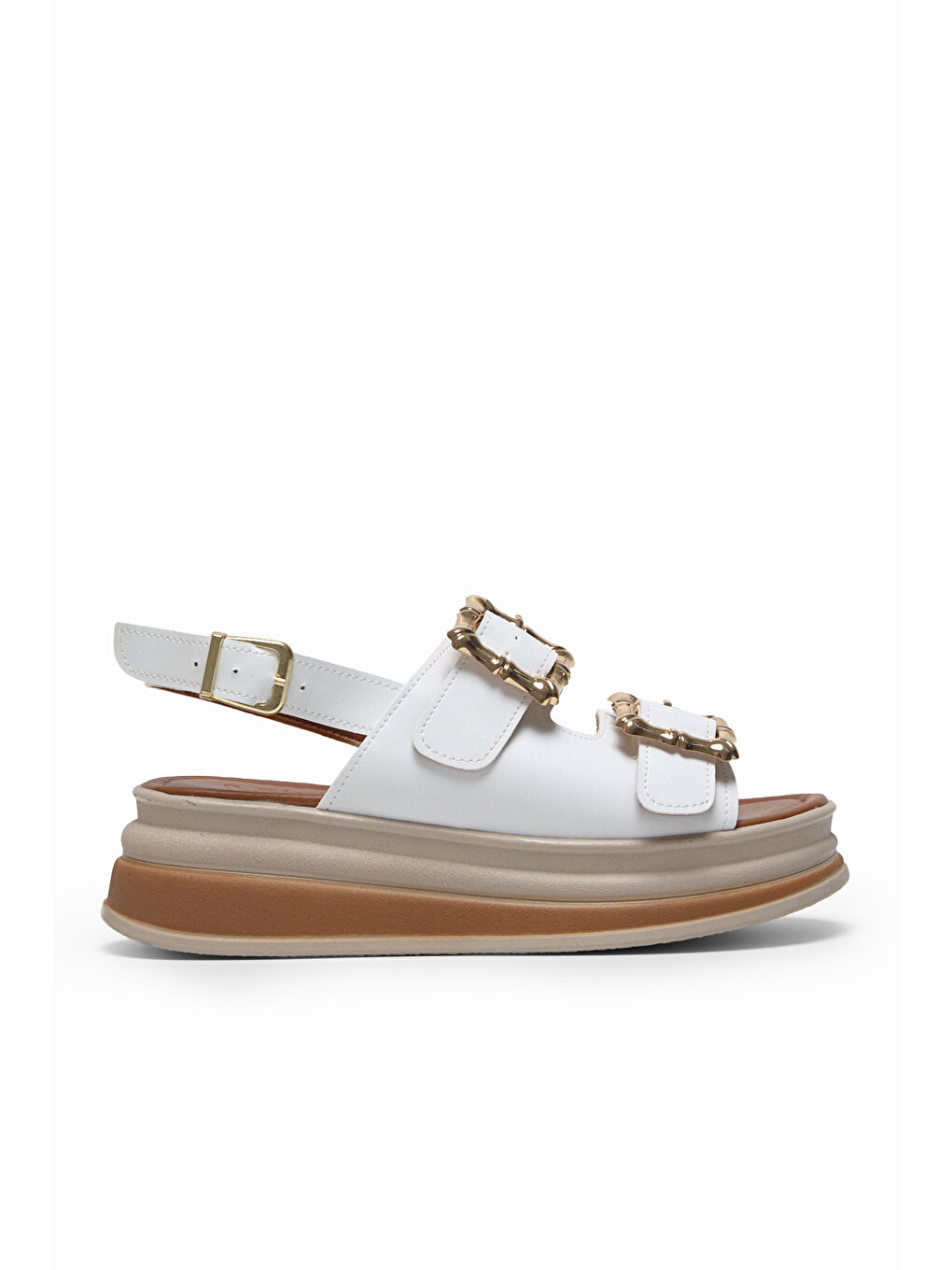 Kadın Beyaz Rahat Kalıp Yüksek Taban Tokalı Sandalet