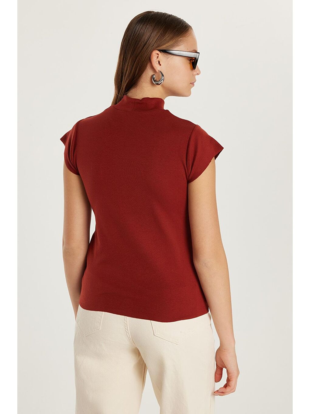 Kahverengi Kadın Modal Kumaş Standart Fit Dik Yaka Kiremit Bluz-4