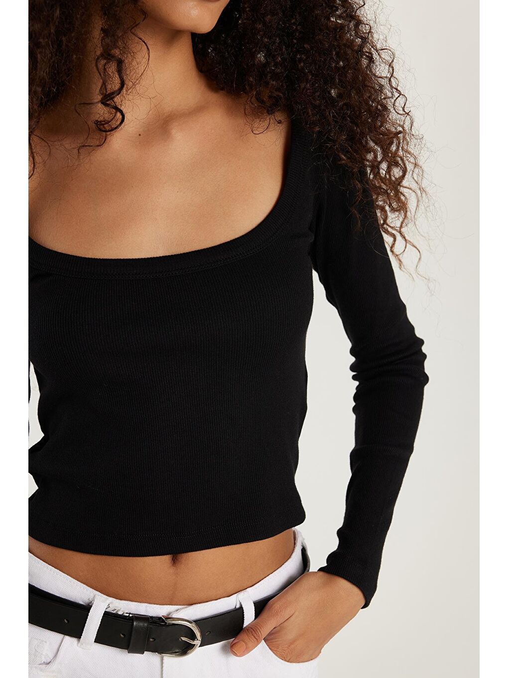 Kadın Modal Kumaş Slim Fit Dar Kesim Kare Yaka Siyah Bluz-2