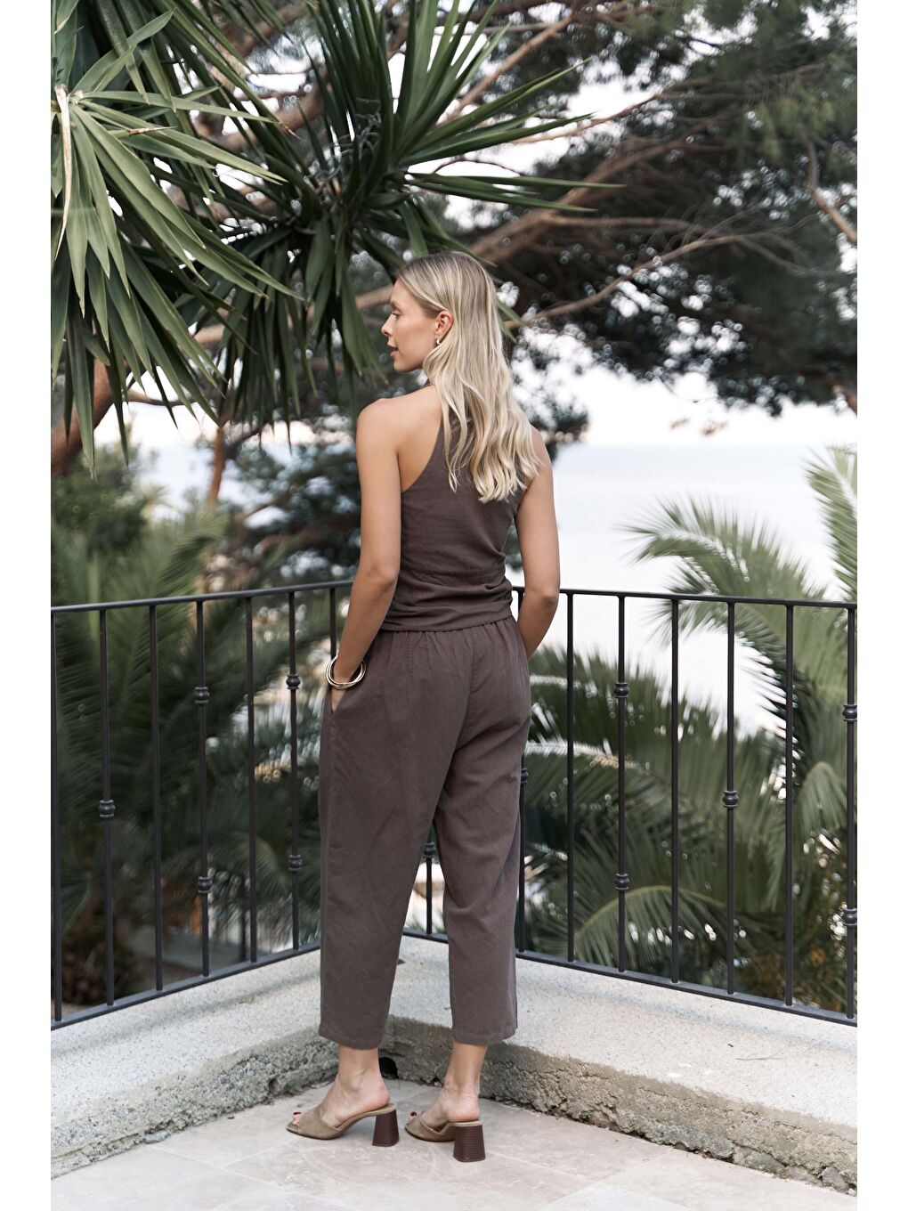 Kahverengi Struana Kruvaze Kahve Crop Pantolon Takım-4