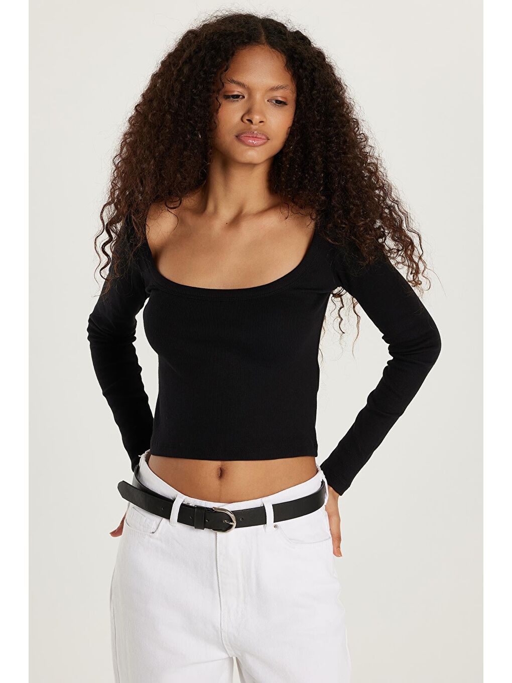 Kadın Modal Kumaş Slim Fit Dar Kesim Kare Yaka Siyah Bluz-3