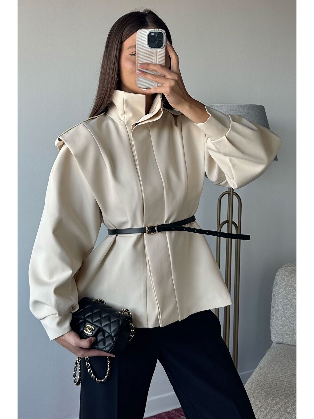 Ekru Kadın Vatkalı Astarlı Trenç Ceket-1