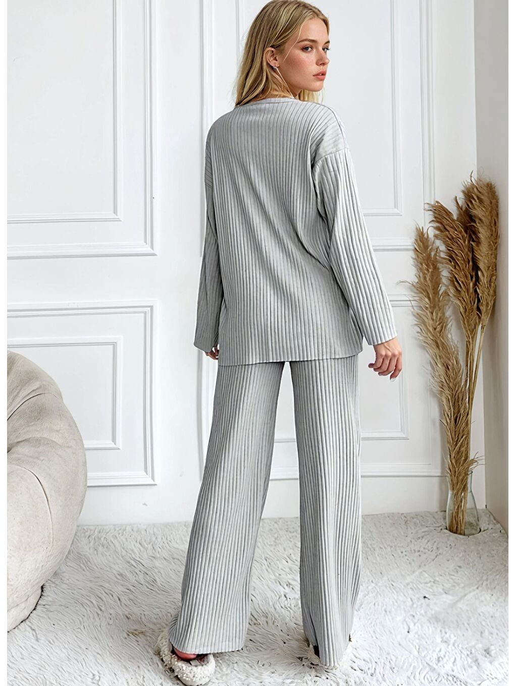 Gri Follow Your DreamsBaskılı Fitilli Polar Pijama Takımı-2