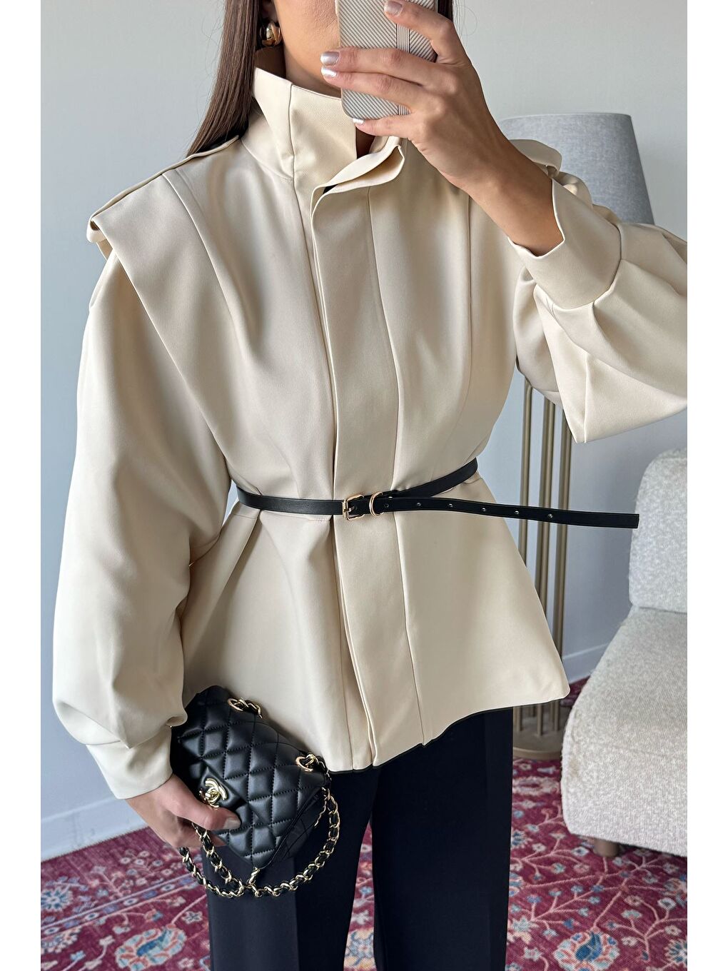 Ekru Kadın Vatkalı Astarlı Trenç Ceket-2