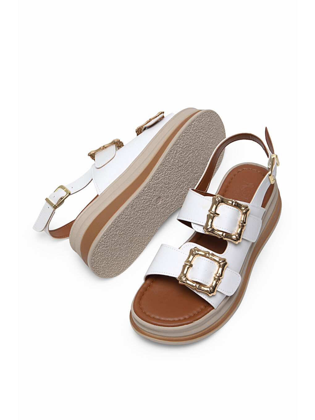 Kadın Beyaz Rahat Kalıp Yüksek Taban Tokalı Sandalet-2