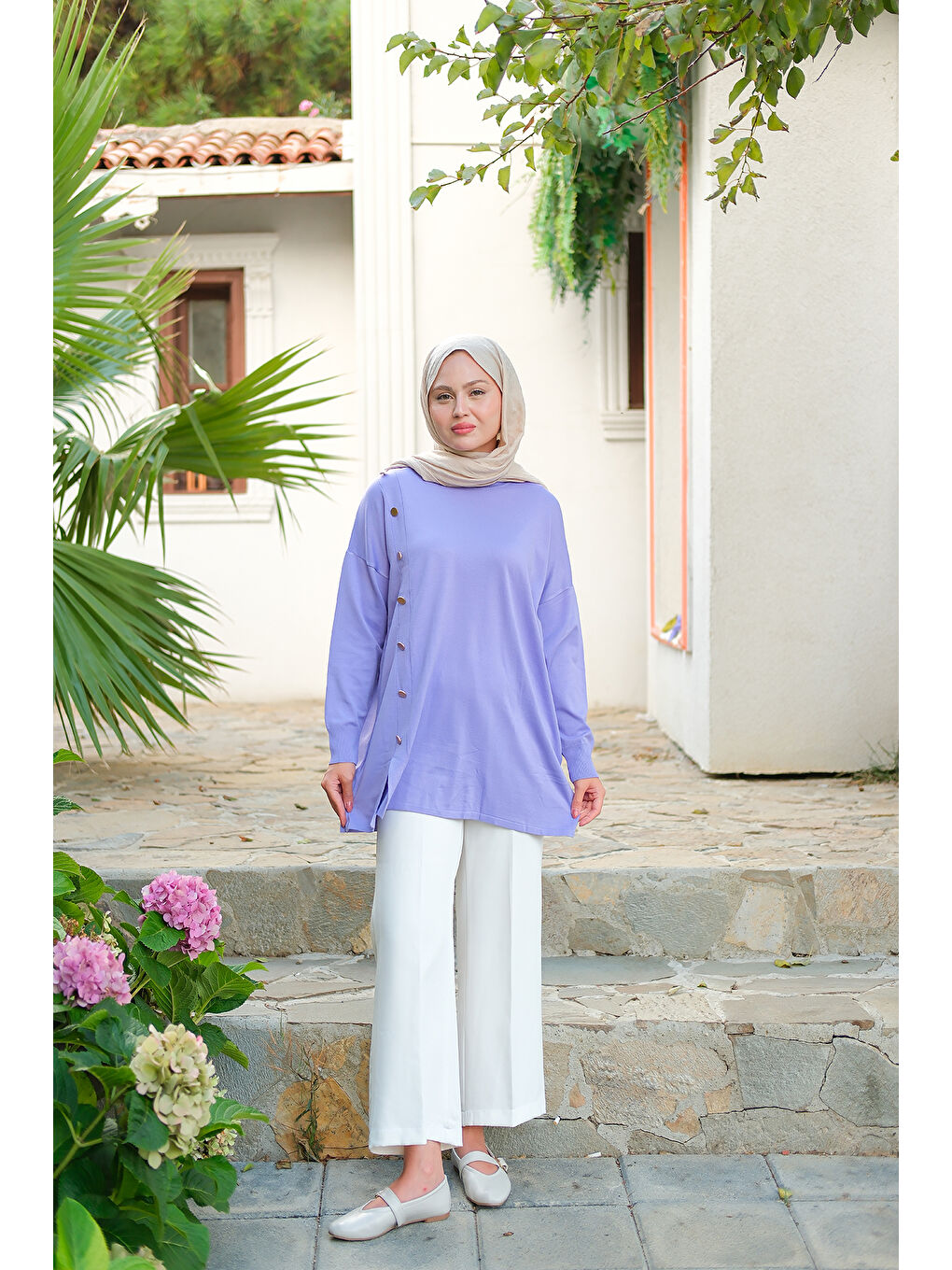 Kadın Ön Düğme Detay Tunik Lila-3