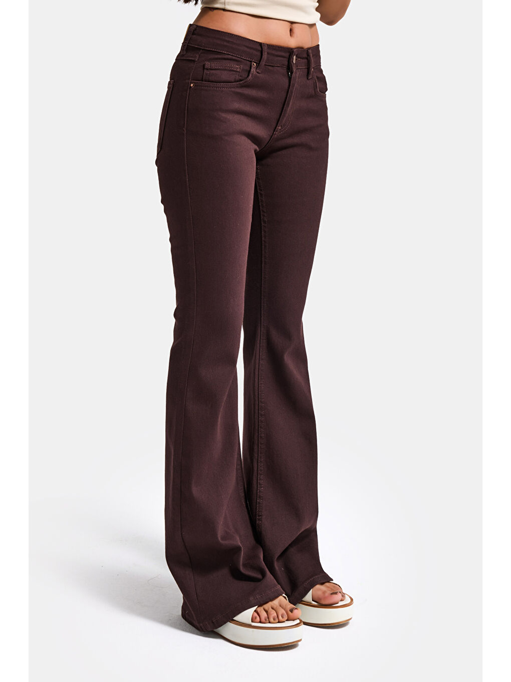 Kahverengi Kadın Kahve 7s6-81 Mid Rise Flare Fit Esnek Kumaş Denim Jean