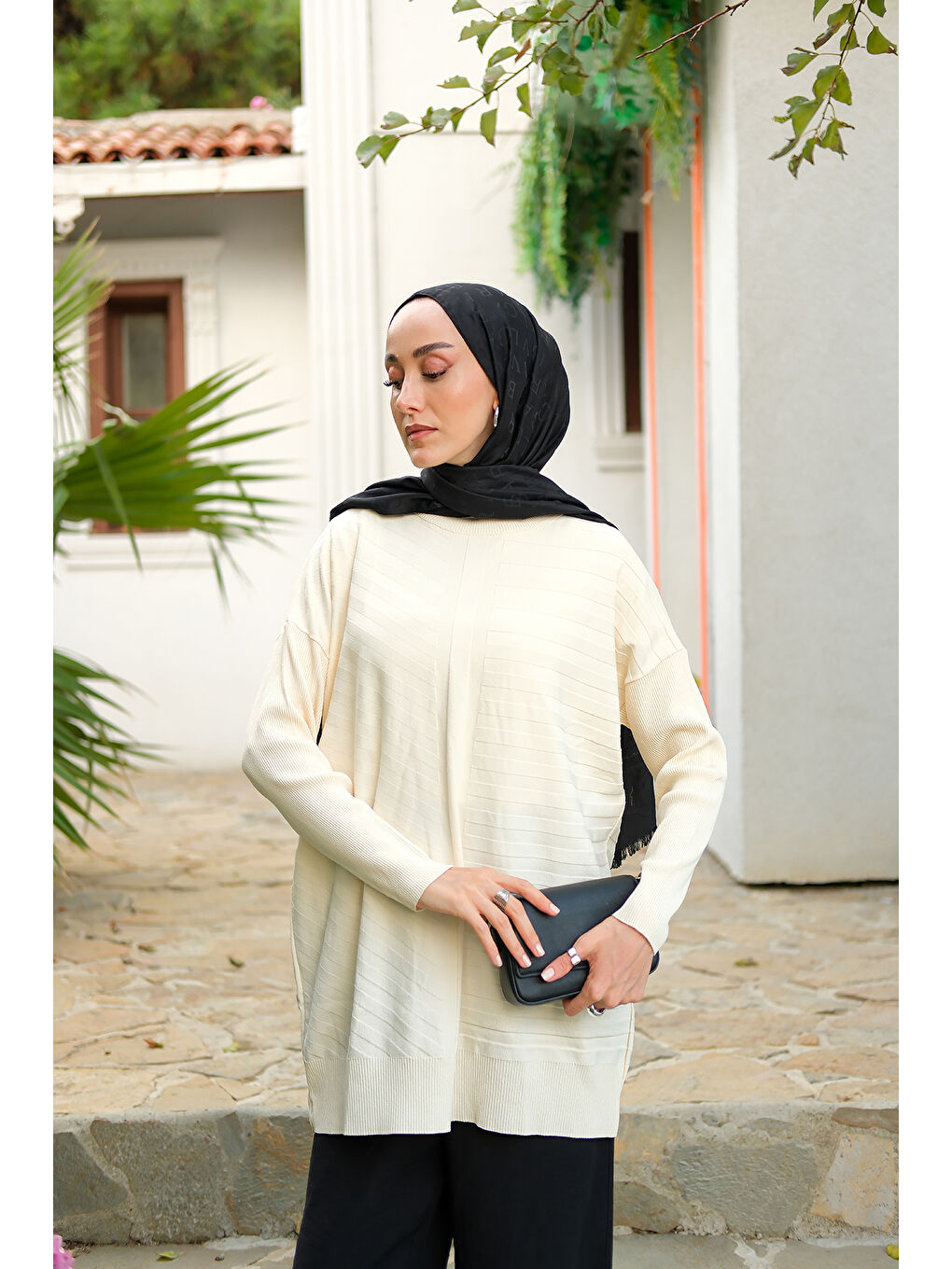 Kadın Kendinden Çizgi Desen Tunik Ekru-2