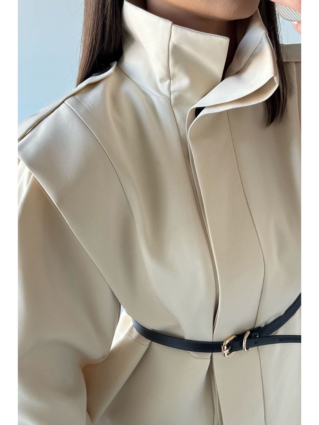 Ekru Kadın Vatkalı Astarlı Trenç Ceket-5