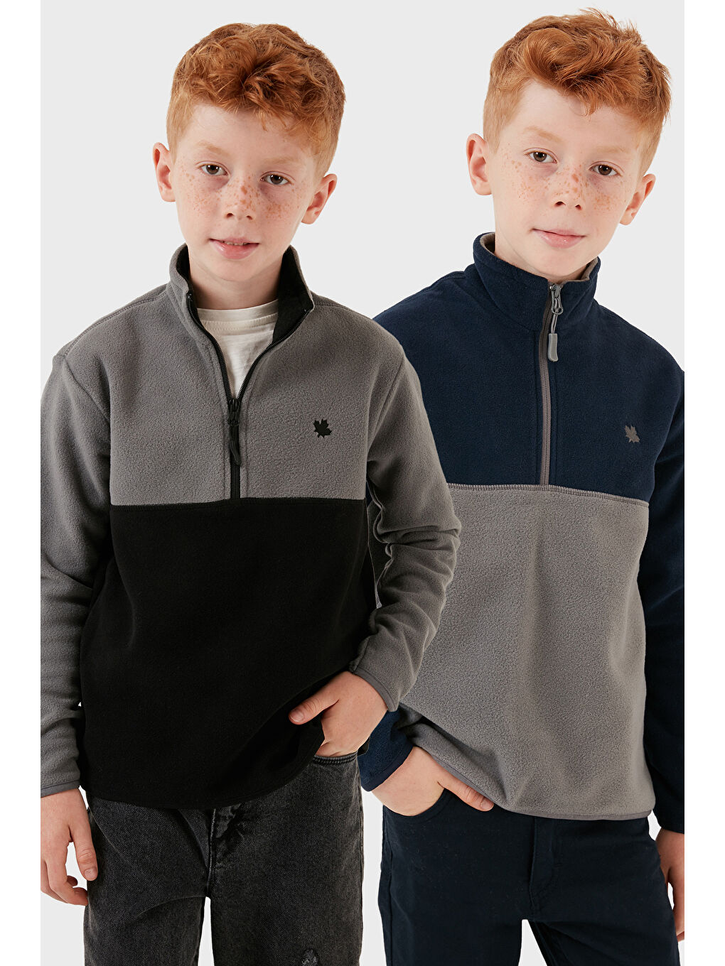 Gri Yumuşak Dokulu Yarım Fermuarlı Renk Bloklu Dik Yaka 2'li Paket Polar 5905004S2