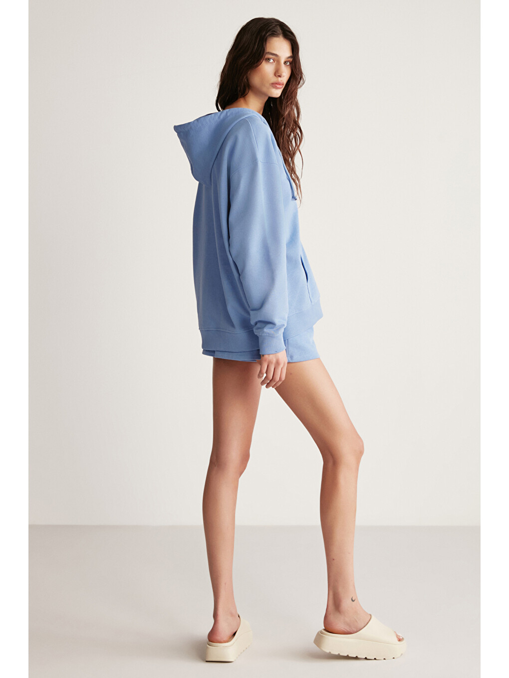 Mavi Ametıs Kadın Oversize Organik Pamuklu Metal Fermuarlı Kapüşonlu MAVİ Sweatshirt-5