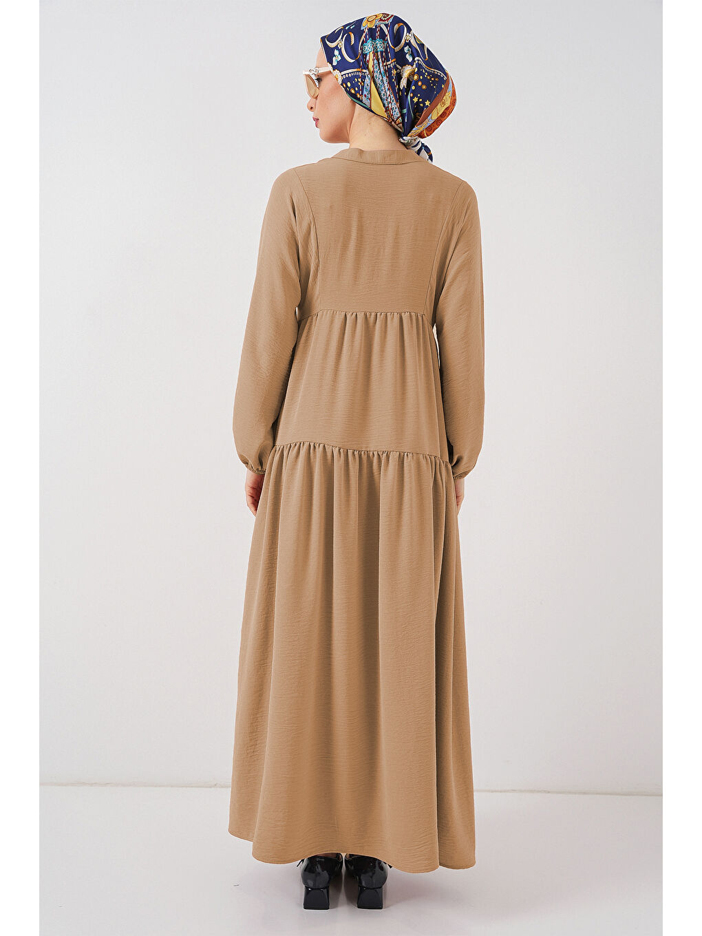 Bej 2527 Kadın Uzun Tesettür Elbise - Bisküvi-5