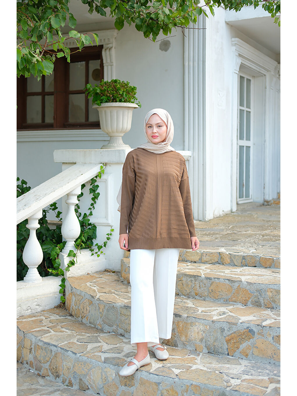 Kadın Kendinden Çizgi Desen Tunik Kahverengi-2