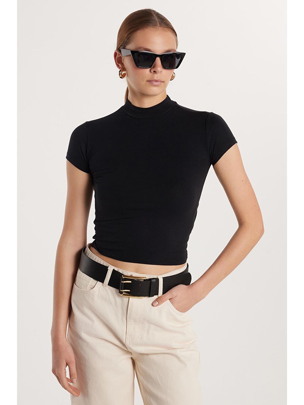 Kadın Modal Kumaş Slim Fit Dar Kesim Dik Yaka Siyah Bluz-1