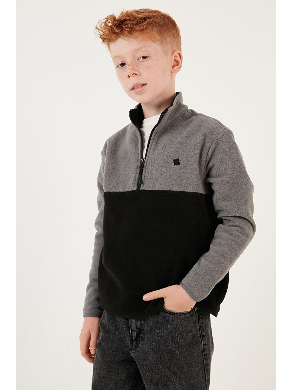 Gri Yumuşak Dokulu Yarım Fermuarlı Renk Bloklu Dik Yaka 2'li Paket Polar 5905004S2-2