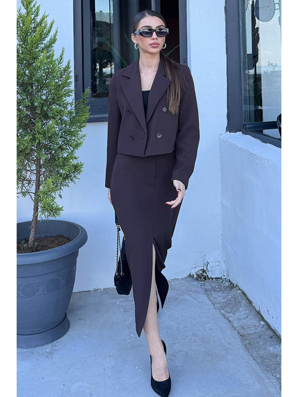 Kahverengi Kadın Crop Ceket Etek İkili Takım