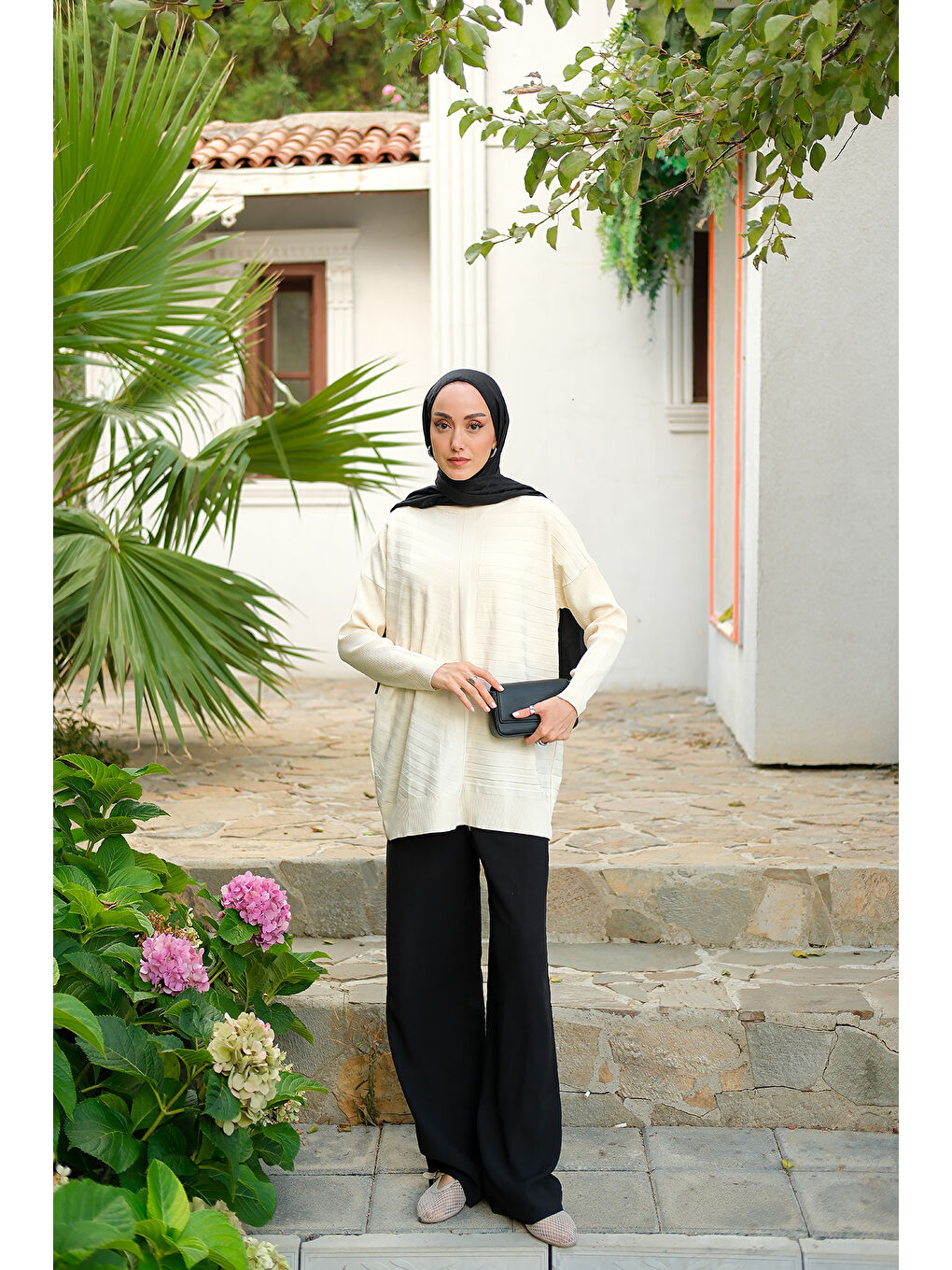 Kadın Kendinden Çizgi Desen Tunik Ekru-3