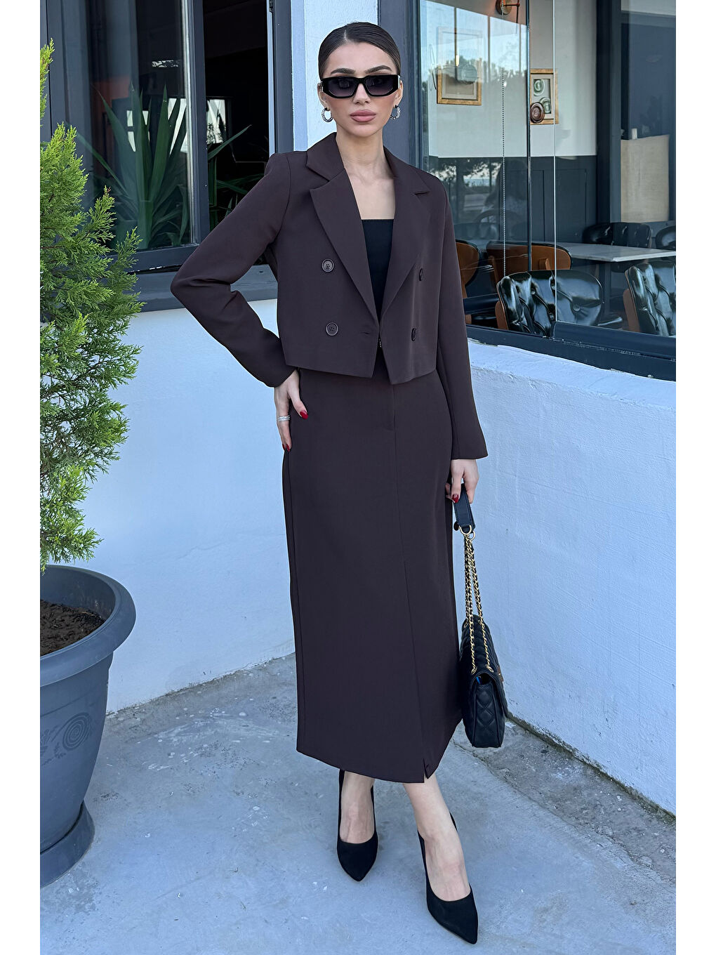 Kahverengi Kadın Crop Ceket Etek İkili Takım-1