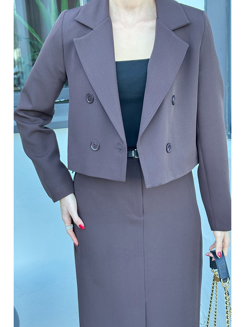 Kahverengi Kadın Crop Ceket Etek İkili Takım-2