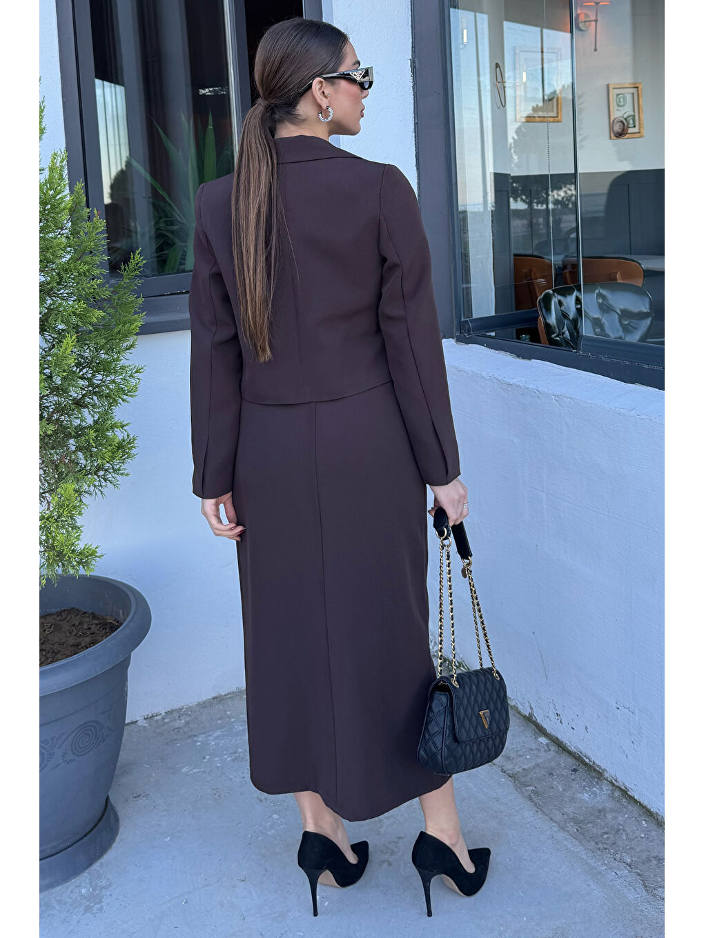 Kahverengi Kadın Crop Ceket Etek İkili Takım-3