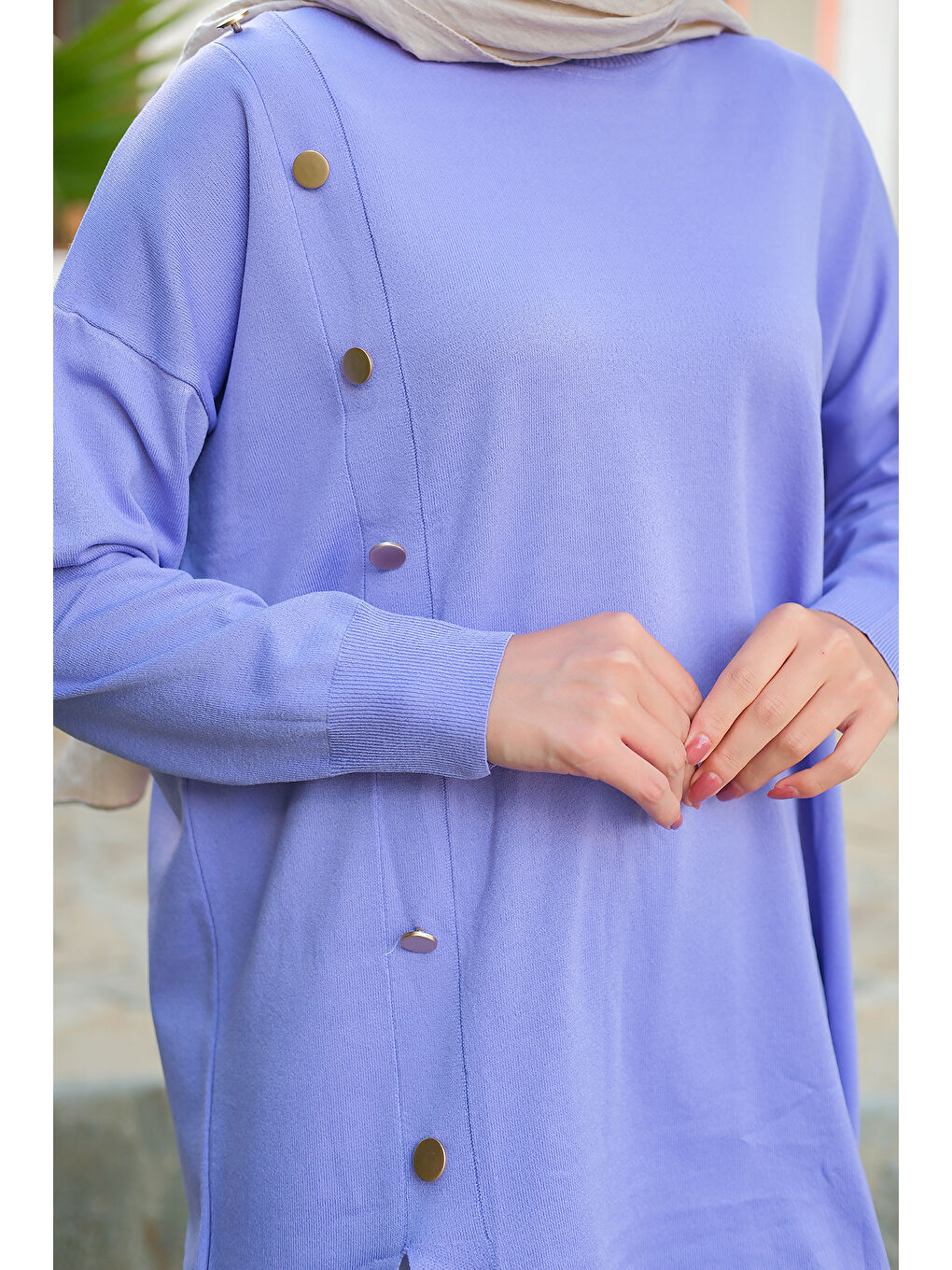 Kadın Ön Düğme Detay Tunik Lila-4