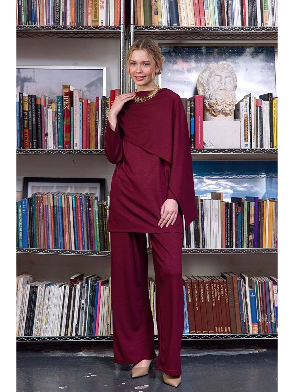 Bordo Atkılı Tunik Bol Paça Pantolon Takım