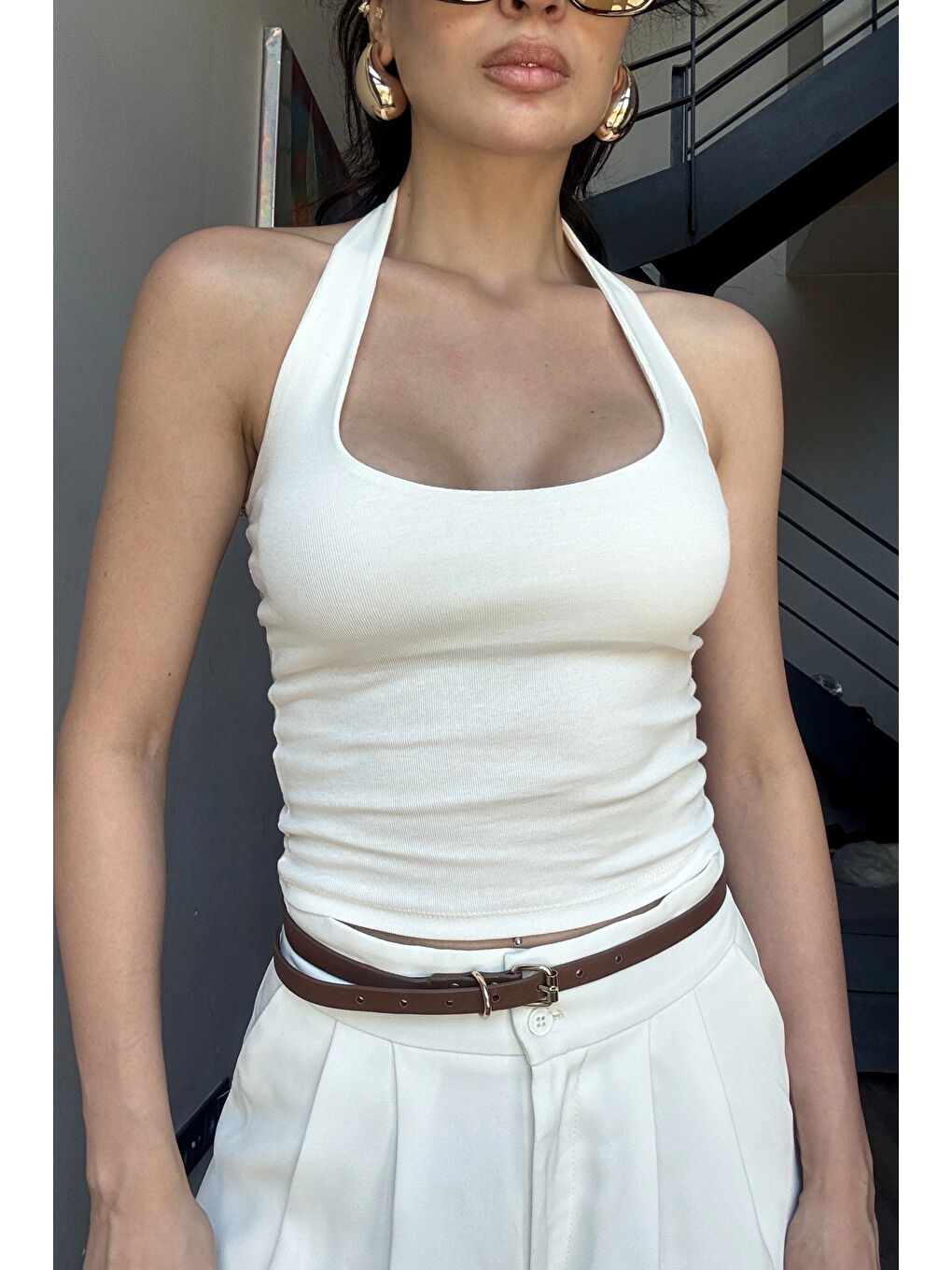 Kadın Beyaz Halter Yaka Crop 0171-1