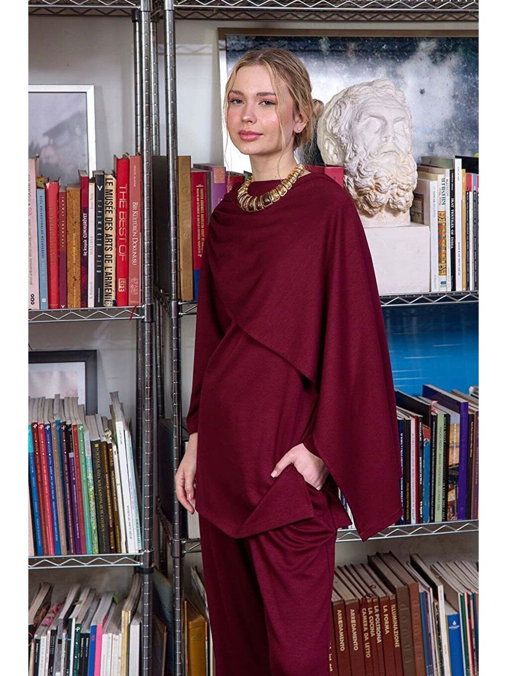 Bordo Atkılı Tunik Bol Paça Pantolon Takım-1