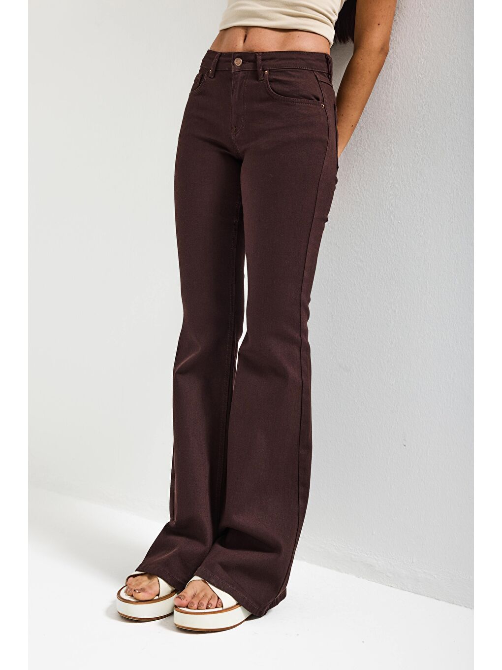 Kahverengi Kadın Kahve 7s6-81 Mid Rise Flare Fit Esnek Kumaş Denim Jean-5