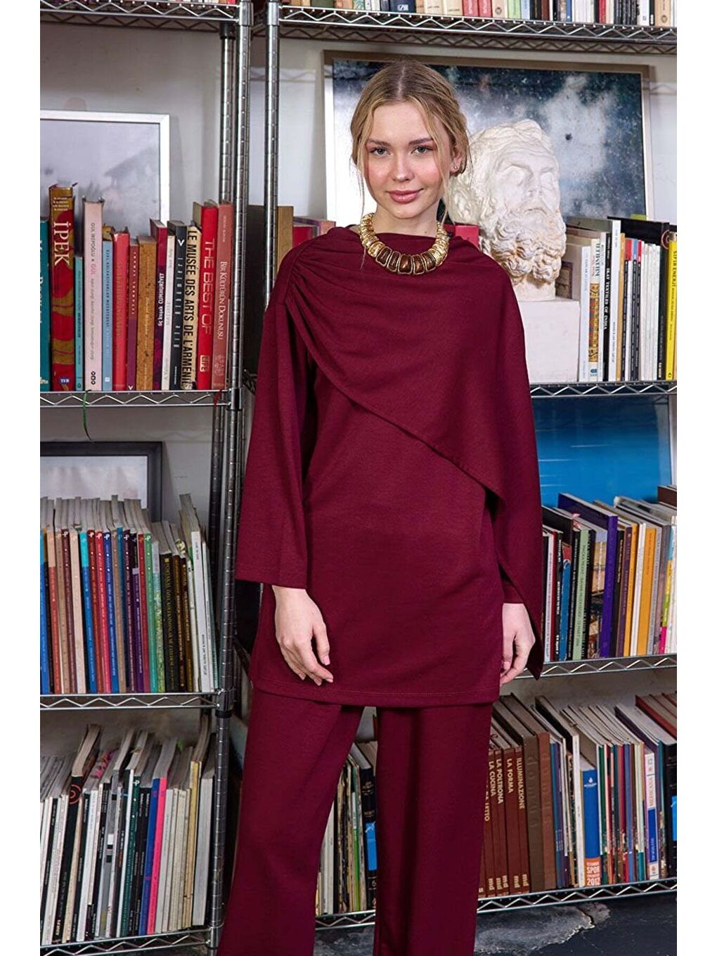 Bordo Atkılı Tunik Bol Paça Pantolon Takım-2