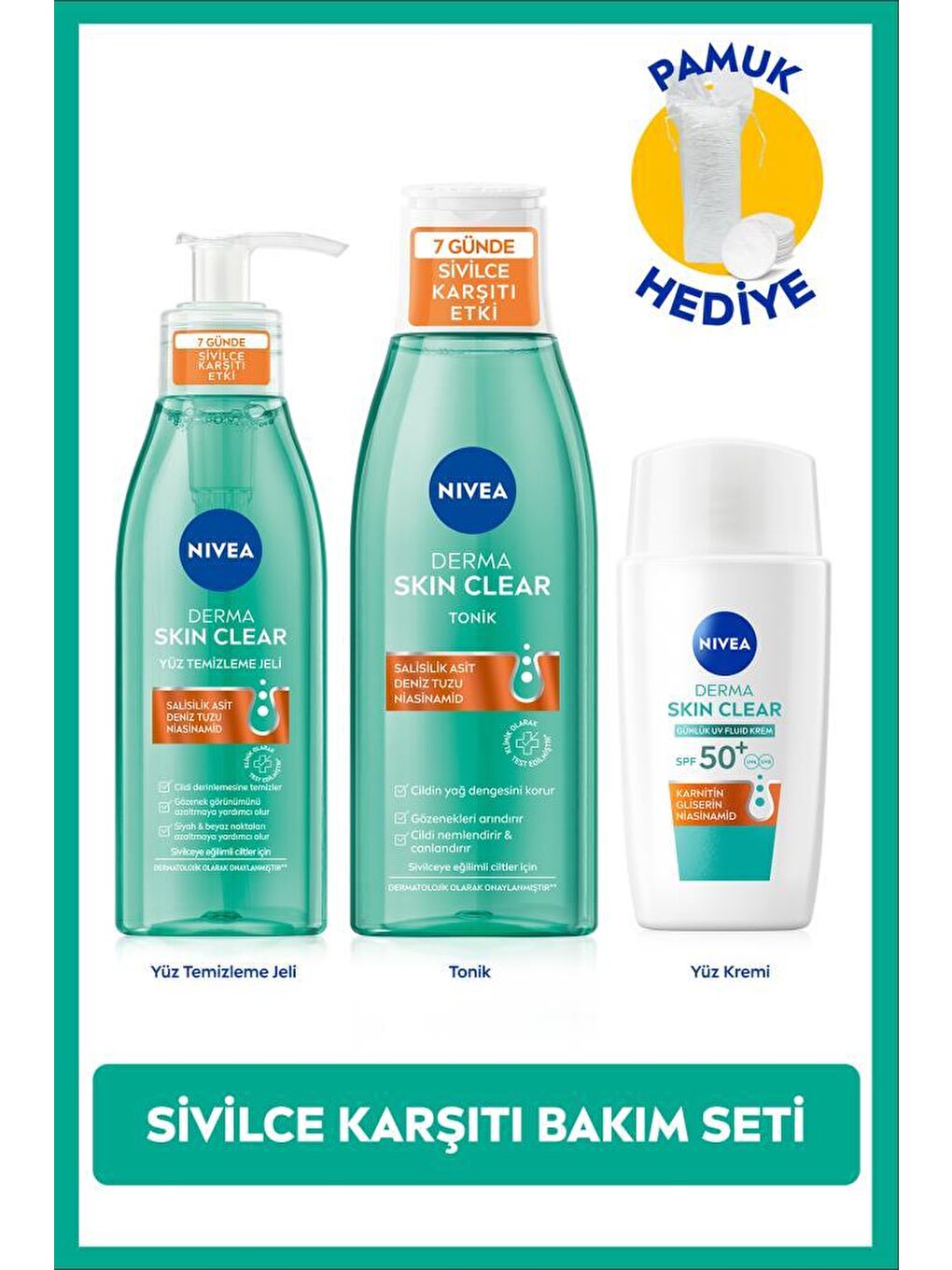 SPF50 Derma Skin Clear Sivilce Karşıtı Güneş Koruyucu Krem 40ml, Yüz Temizleme Jeli ve Tonik, Pamuk