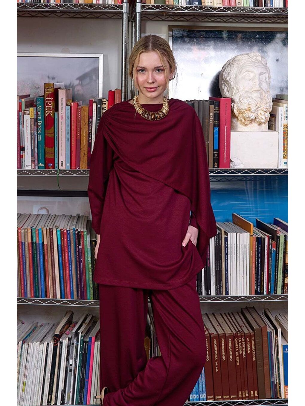 Bordo Atkılı Tunik Bol Paça Pantolon Takım-3