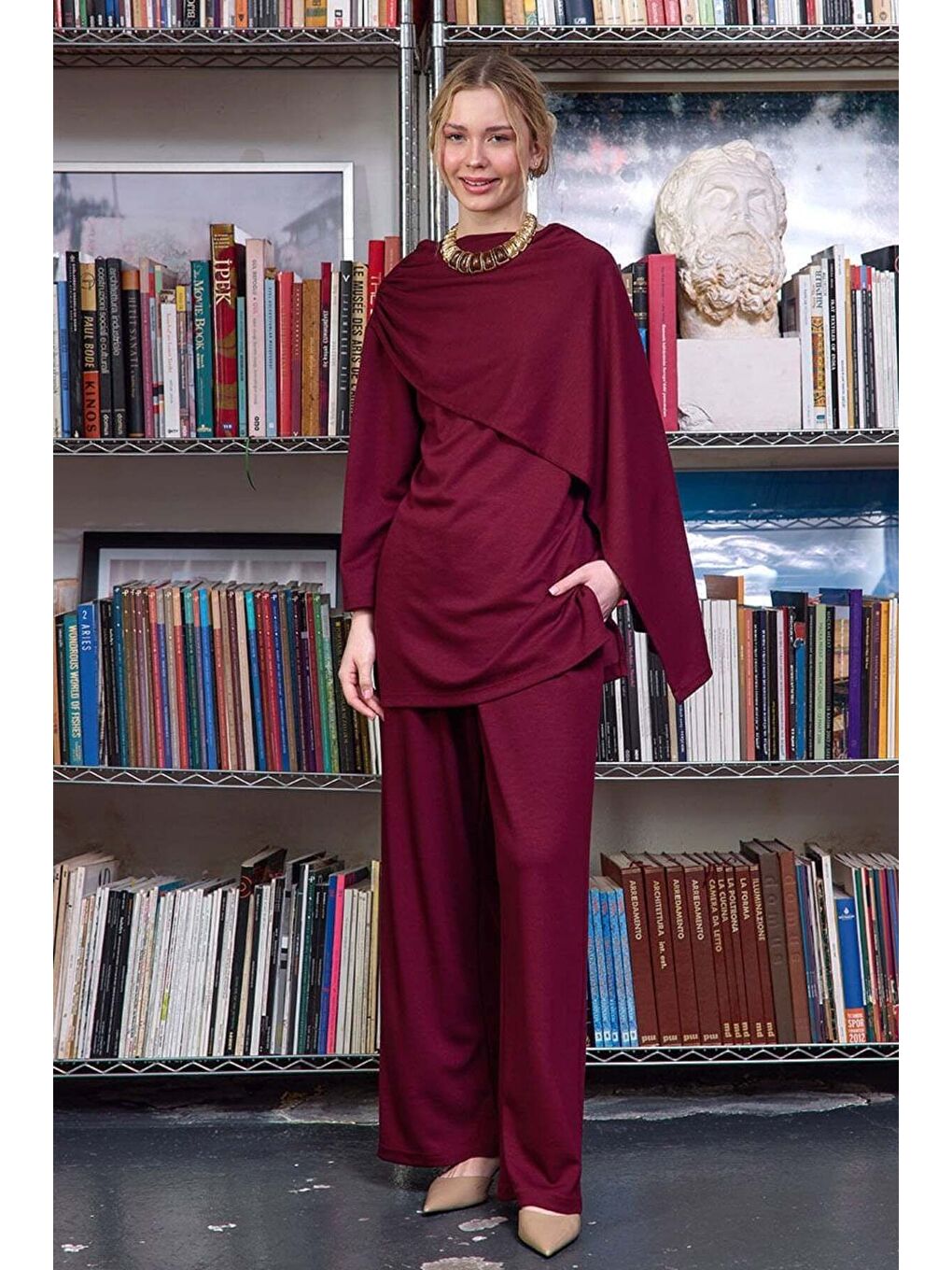 Bordo Atkılı Tunik Bol Paça Pantolon Takım-4