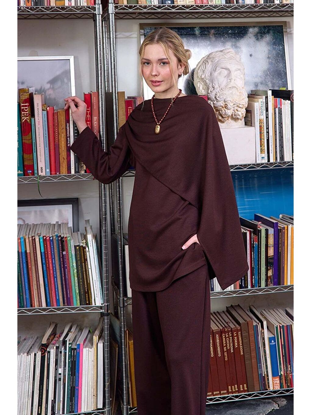 Kahverengi Acı Kahve Atkılı Tunik Bol Paça Pantolon Takım-1