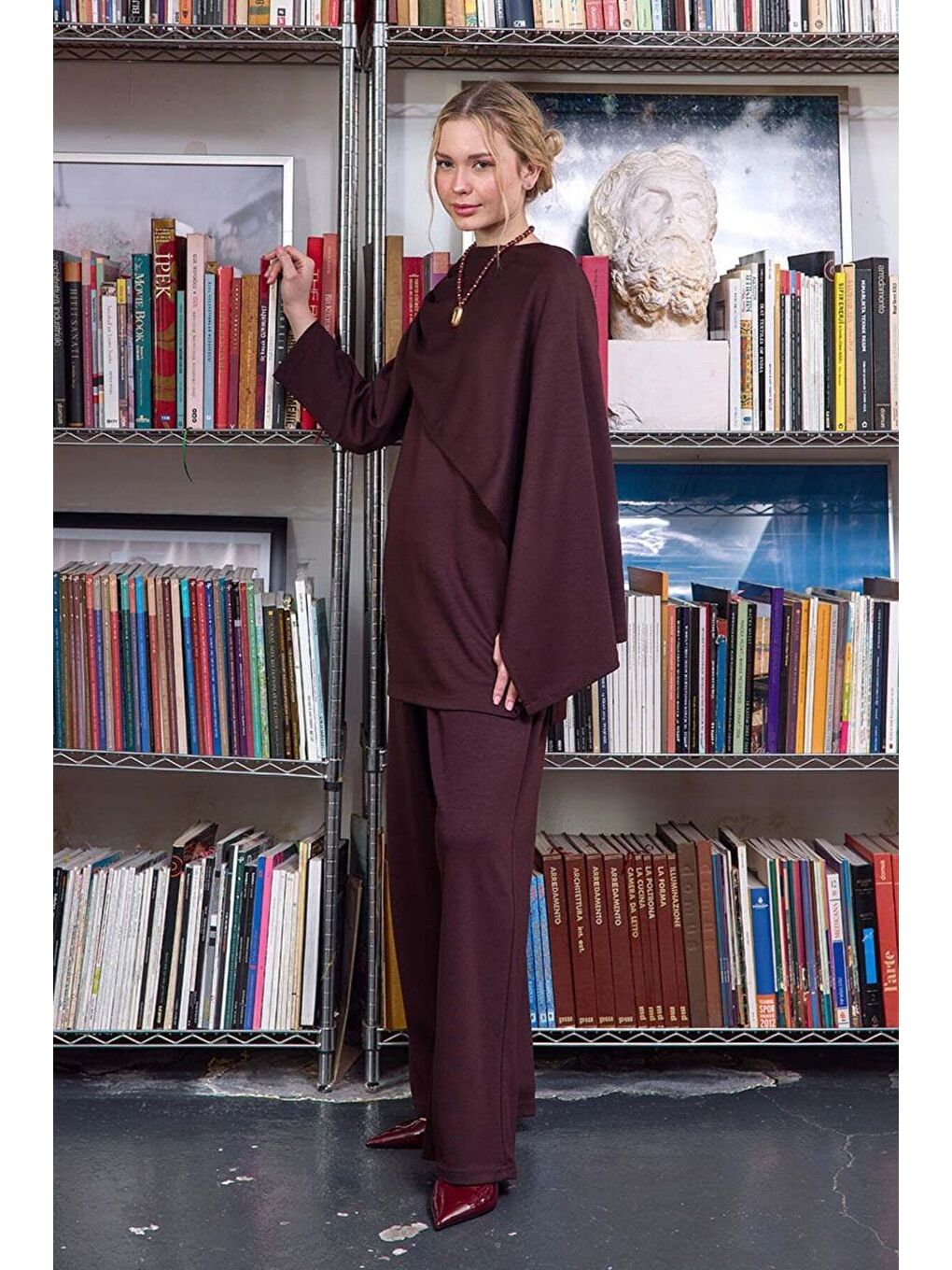 Kahverengi Acı Kahve Atkılı Tunik Bol Paça Pantolon Takım-2