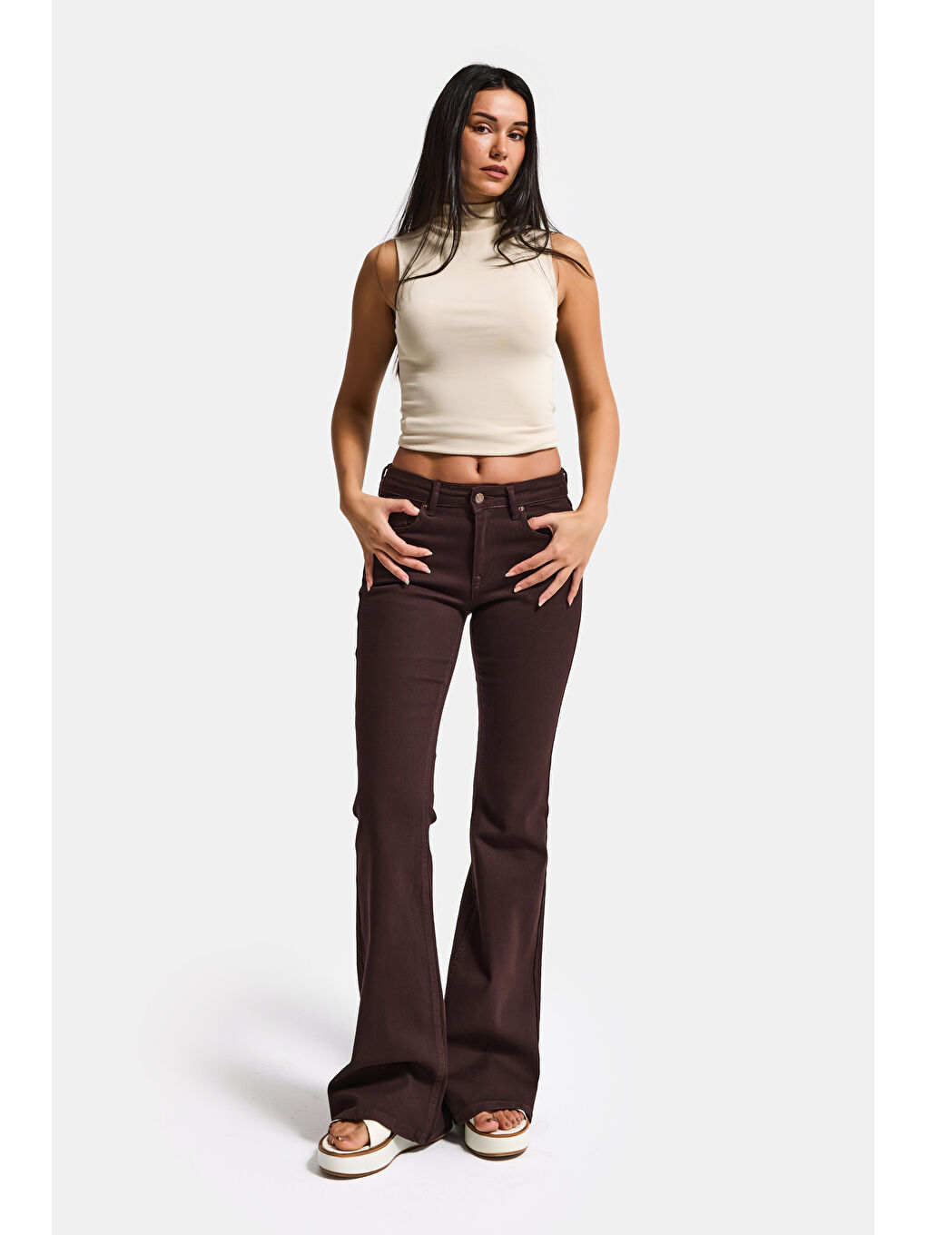 Kahverengi Kadın Kahve 7s6-81 Mid Rise Flare Fit Esnek Kumaş Denim Jean-6