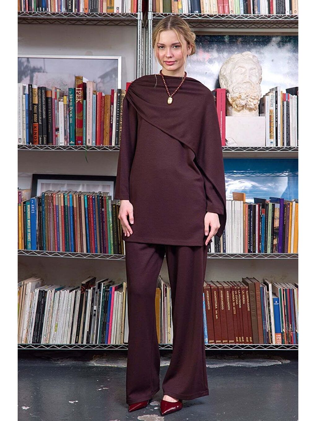 Kahverengi Acı Kahve Atkılı Tunik Bol Paça Pantolon Takım-3