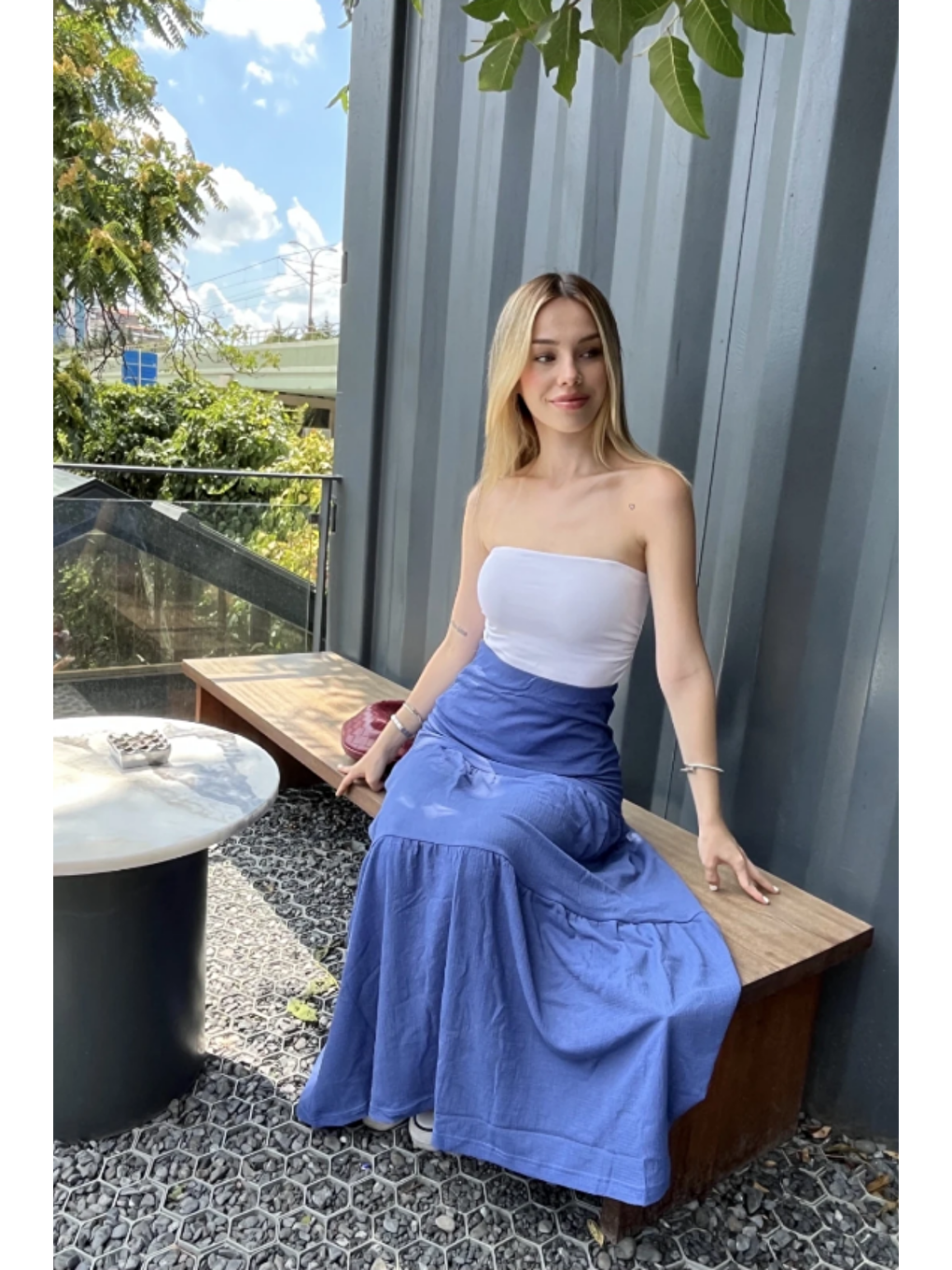Mavi Kadın Saks Yüksek Bel Volamlı Uzun Etek-1
