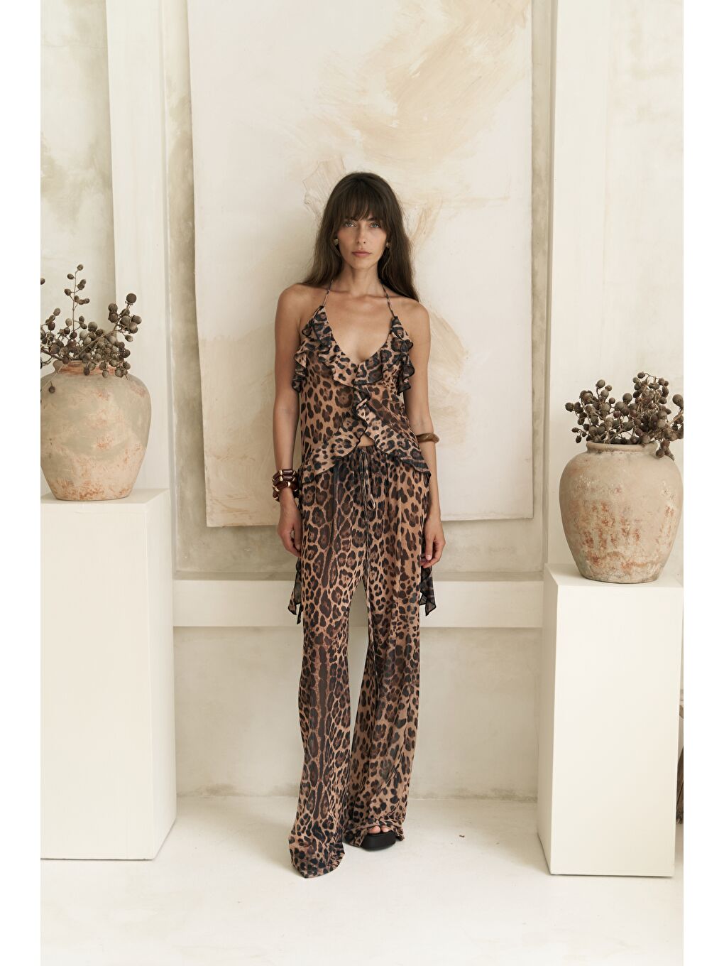 Bej Sulliven Fırfır Detay Leopar Crop Pantolon Takım-1