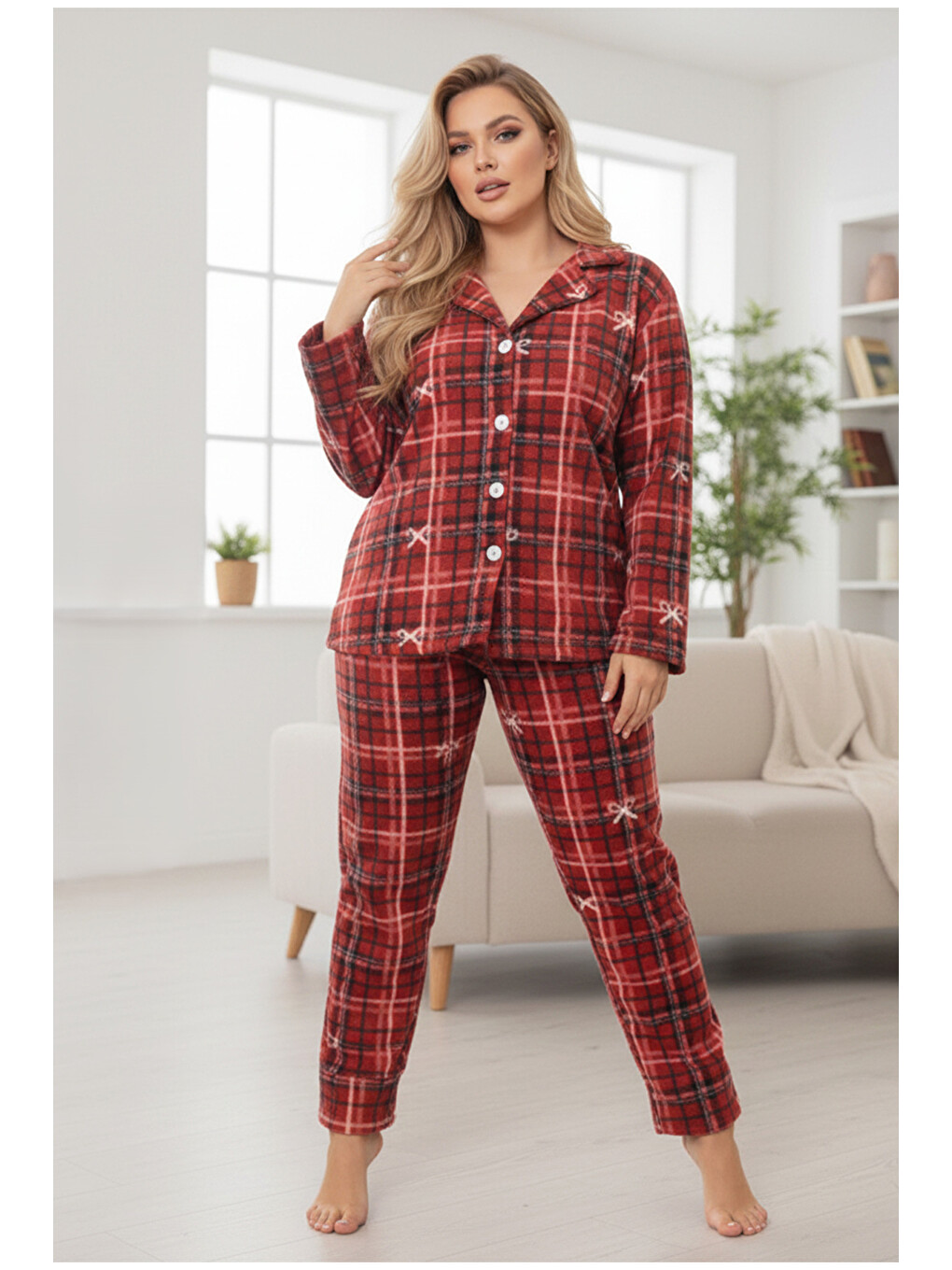 Bordo Fiyonk Desenli Nakışlı Büyük Beden Polar Kışlık Örme Pijama Takım-1
