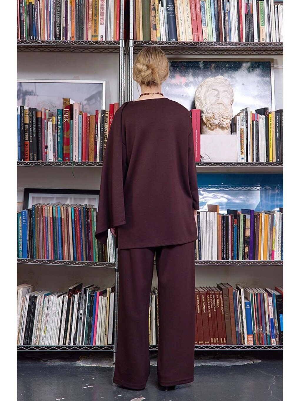 Kahverengi Acı Kahve Atkılı Tunik Bol Paça Pantolon Takım-4